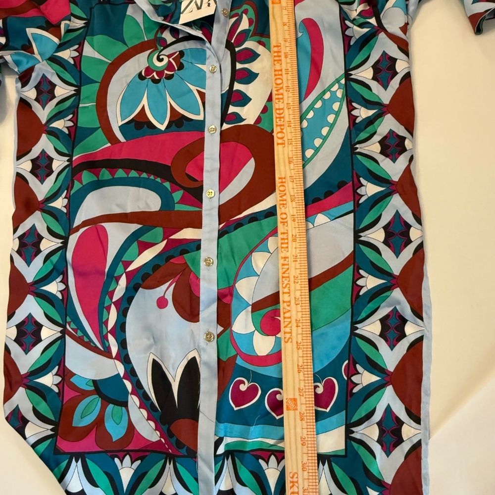 NWT Zara Colorful Printed Oversized button up shirt dress/tunic size S satiny - Picture 10 of 10